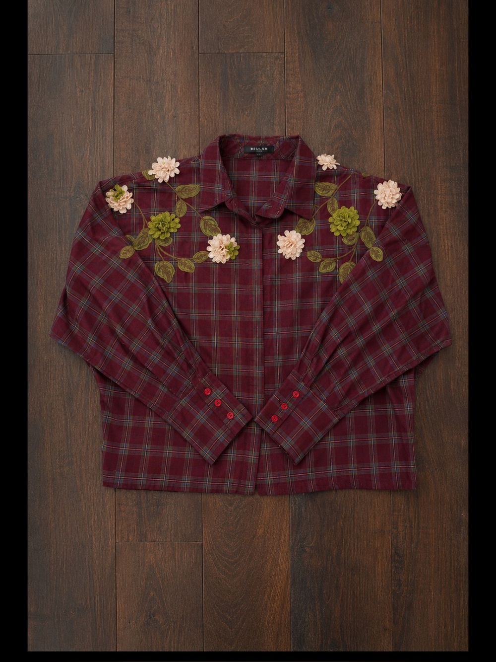 Beulah Floral Appliqué Plaid Shirt Oversized Western Cottagecore Top - Picture 12 of 13